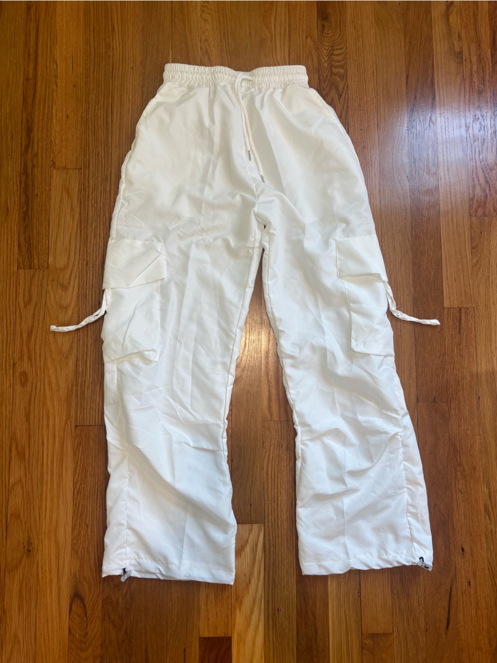 High waist Flap Pocket Drawstring Pleated Loose Leg Parachute White Cargo Pant